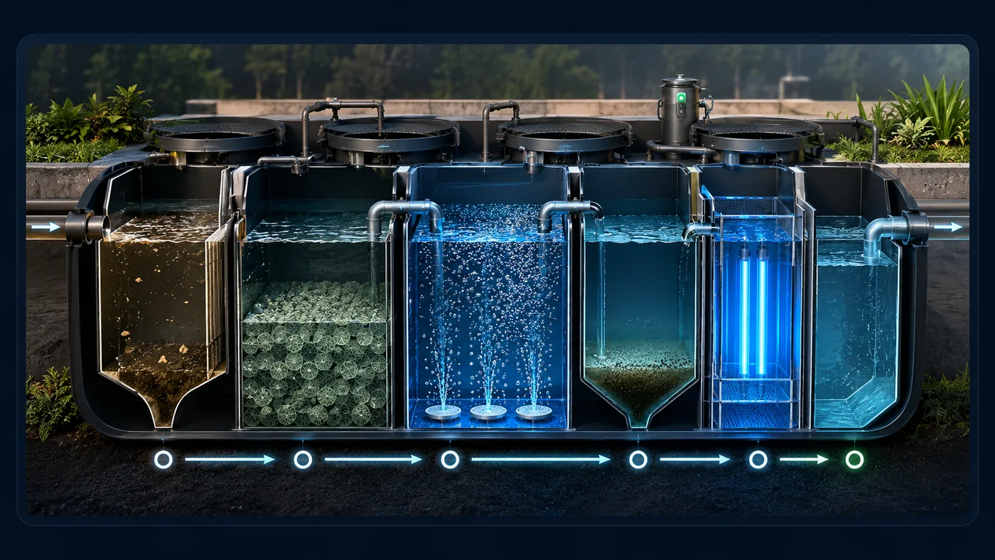 Johkasou-style treatment process showing staged wastewater treatment flow